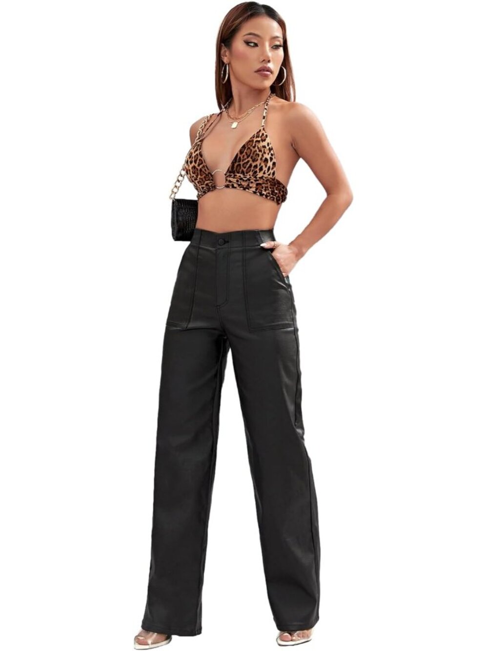 Faux Leather Pants High Waist Coated PU Button Straight Leather Black Leggings W - Picture 5 of 7